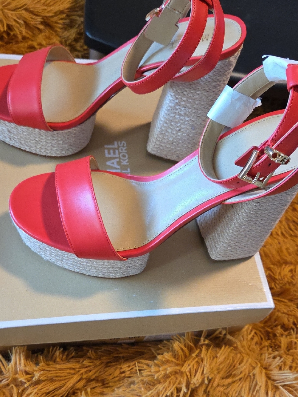 Michael Kors Coral-Red Ankle-Strap Espadrille Wedges - Picture 8 of 9